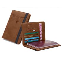 Porta Passaporte Documentos e cartão Em Couro Com Faixa Elástica Preta