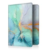 Porta-passaporte Fintie, carteira de viagem fina, capa de cartão com bloqueio de RFID, capa protetora de passaporte essencial com compartimentos para cartões de crédito para mulheres/homens, mármore esmeralda