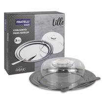 Porta Queijo Inox Com Tampa Acrilico Queijeira Bandeja Queijo Minas Redondo Fratelli Linha Lille Com Faca 3 Peças