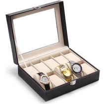 Porta Relógio com 10 Nichos em material sintético Caixa Organizadora para Relógios com Visor de Vidro, Almofadas Macias e Interior Aveludado Brcshop