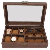 Porta Relógio e Óculos de Madeira Estilo Retrô, Caixa Organizadora para Relógios com Visor de Vidro e Almofadas Macias para 6 Relógios e 3 Óculos
