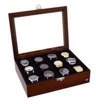 Porta Relógio Madeira Maciça Tabaco Preto 12 Divisórias