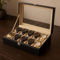 Porta Relógios Com 12 Divisórias Em Couro E Visor Acrílico Ideal Para Presente Porta Relógios Com 12 Divisórias Em Couro E Visor Acrílico Ideal Para Presente