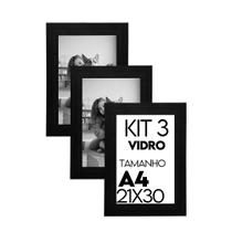 Porta retrato com Vidro 21x30 Kit com 3 Molduras para Foto para uso na Vertical e Horizontal