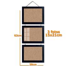 Porta Retrato Triplo Vintage para fotos Quadro Painel Multifotos com Moldura Corda e Proteção em acetato Porta Retrato Triplo Vintage para fotos Quadro Painel Multifotos com Moldura Corda e Proteção em acetato