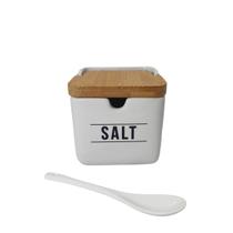 Porta Saleiro Branco De Porcelana E Tampa De Madeira Bambu Com Colher