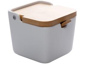 Porta Saleiro Em Porcelana E Tampa De Madeira Com Colher 300g