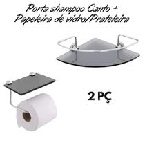 Porta Shampoo Prateleira Canto / Cantoneira 1un - Suporte Papeleira de vidro 1un - Fumê - HDT METAIS