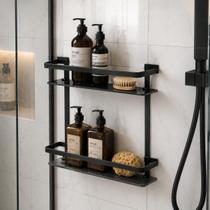 Porta Shampoo Prateleira Organizador Vidro Banheiro Nicho Duplo Preto Porta Shampoo Prateleira Organizador Vidro Banheiro Nicho Duplo Preto
