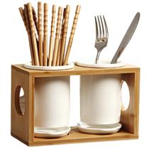 Porta Talhares Escorredor Organizador Porcelana com Suporte Bambu