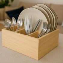 Porta Talheres e Pratos em Madeira Pinus Organizador de Mesa 12x30x21cm