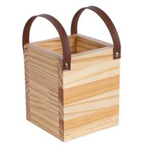 Porta talheres grande liso com alça de couro madeira pinus organiza mesa utensilio de cozinha envernizado