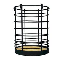 Porta Talheres Redondo em Ferro com Fundo em Madeira Preto 12x12x16cm - Hauskraft