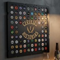 Porta Tampinhas Quadro Decorativo Para Sala Área de Festas Churrasqueira - Cervejas e Histórias Cor Preto