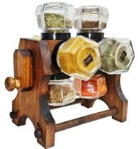 Porta Tempero 08 Potes Manivela Giratório Rústico Madeira Porta Tempero 08 Potes Manivela Giratório Rústico Madeira