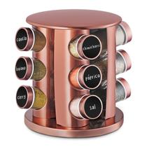 Porta Tempero 12 Potes de Vidro Base Giratória Redondo Rose-Gold Cobre