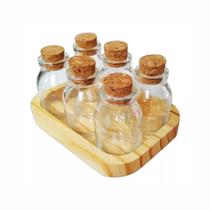 Porta Tempero 6 Potes De Vidro Com Rolhas Bandeja Em Madeira