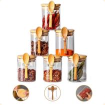 Porta Tempero Bambu Com Colher Pote de Vidro Hermetico Tampa Bambu Porta Temperos Bambu 6un