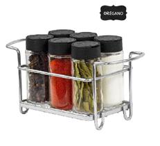 Porta Tempero Condimento 6 Potes Vidro Tampa Dosadora Suporte Cromado Organização Cozinha Porta Tempero Condimento 6 Potes Vidro Tampa Dosadora Suporte Cromado Organização Cozinha