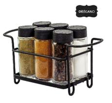 Porta Tempero Condimento 6 Potes Vidro Tampa Dosadora Suporte Preto Organização Cozinha - Passerini