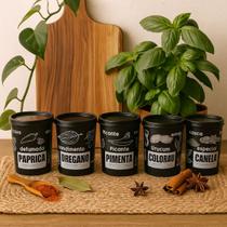 Porta tempero condimento kit 5 potes plastico 200ml black multiuso organizador frescos