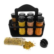 Porta Tempero Condimentos MDF Com Alça kit 8 Potes 130ml com Tampa Dosadora Dupla Com Etiquetas Identificadoras Bancada Cozinha