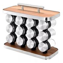 Porta Tempero de Aço Inox com 12 Potes e Suporte de Madeira Home Land