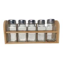 Porta Tempero de Vidro 05 Peças com Suporte de Bambu