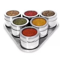 Porta Tempero e Condimento Magnético Inox Conj 6 Potes Imã Base Triangular
