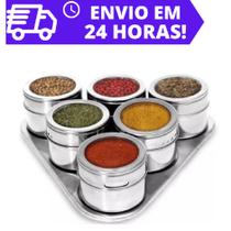 Porta Tempero e Condimento Magnético Inox Conj 6 Potes Imã Base Triangular Porta Tempero e Condimento Magnético Inox Conj 6 Potes Imã Base Triangular