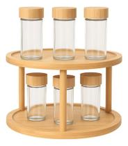 Porta Tempero Giratório Bambu Com 6 Potes De Vidro Dosador