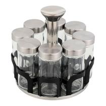 Porta Tempero Giratório com 8 Potes de Vidro Tampa Inox