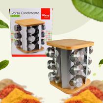Porta tempero Giratório Inox com Base de Bambu 12 Potes