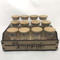 Porta Temperos 12 Potes Vidro Hermético Bambu + Suporte MDF