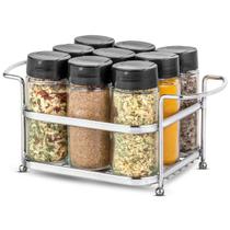 Porta Temperos Condimentos 9 Potes de Vidro Organizador Suporte Cromado