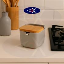Porta Temperos Condimentos com Tampa Bambu Colher Cerâmica Saleiro Cozinha