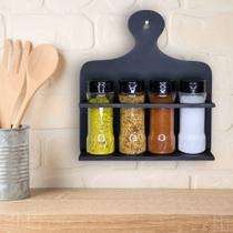 Porta Temperos Condimentos de Parede Mini Tábua MDF c/ 4 Potes 130ml Buchas e Parafusos