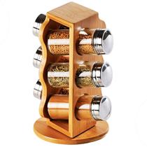 Porta Temperos Condimentos em Bambú Giratório 6 potes de Vidro Welf