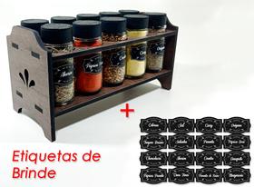 Porta Temperos/Condimentos kit 10 vidros c/ Tampa Dosadora + Suporte + Adesivos - Bella Art in madeira
