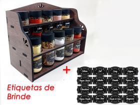 Porta Temperos/Condimentos kit 10 vidros c/ Tampa Dosadora + Suporte + Adesivos - Bella Art in madeira