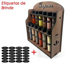 Porta Temperos/Condimentos kit 12 potes c/ Tampa + Suporte + Adesivos - Bella Art in madeira