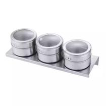 Porta Temperos Condimentos Magnético em Inox 3 Peças com Suporte Imantado Porta Temperos Condimentos Magnético em Inox 3 Peças com Suporte Imantado