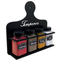 Porta Temperos Condimentos MDF kit 04 potes quadrado com Tampa Dosadora Suporte e Adesivos