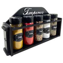 Porta Temperos/Condimentos MDF kit 05 potes c/ Tampa Dosadora + Suporte + Adesivos *P5 Porta Temperos/Condimentos MDF kit 05 potes c/ Tampa Dosadora + Suporte + Adesivos *P5
