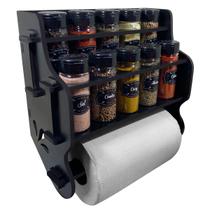 Porta Temperos/Condimentos MDF kit 10 potes de acrílico c/ Tampa Dosadora + Suporte para papel toalha + Adesivos *TL