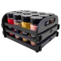 Porta Temperos/Condimentos MDF kit 12 potes c/ Tampa Dosadora Suporte Adesivos CX12
