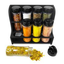 Porta Temperos Condimentos MDF kit 8 potes 130ml com Tampa Dosadora Suporte Adesivos de Identificação para Bancada Cozinha