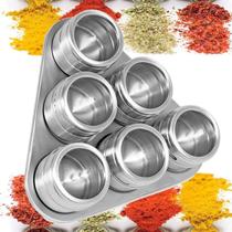 Porta Temperos Cozinha Condimento Inox 6 Peças Magnético Imã Tampa Vidro e Suporte Base Triangular