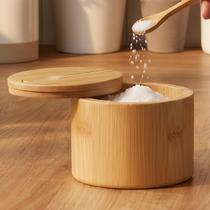 Porta Temperos de Bambu Saleiro Açucareiro Tampa Giratória e Colher Natural Resistente Sustentável Sal Açúcar Chá Condimentos Cozinha Organizada