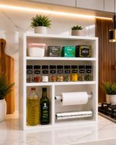 Porta Temperos de Parede MDF Branco 60x60x15 com Suporte Papel Toalha e Papel Alumínio Organizador de Cozinha